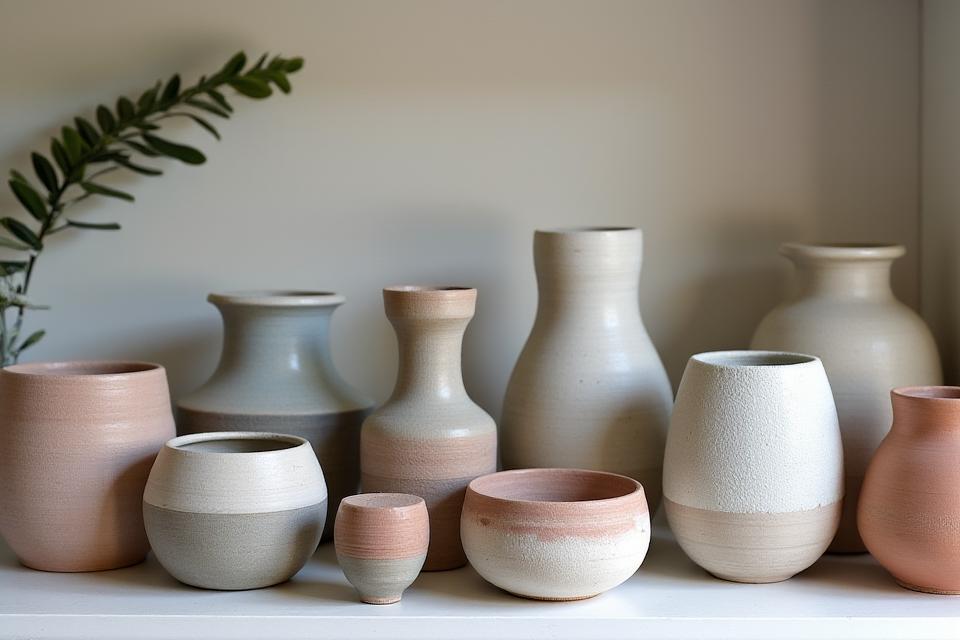 Scaffali pieni di ceramiche finite, vasi e sculture artistiche.