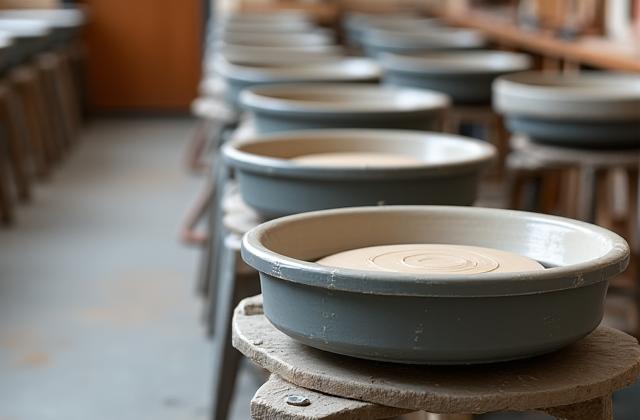 File di torni da vasaio nello studio pronti all'uso.