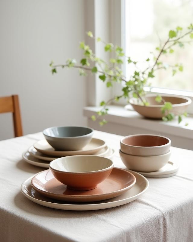 Set di piatti e ciotole in ceramica artigianale per un servizio da tavola su commissione, tonalità neutre