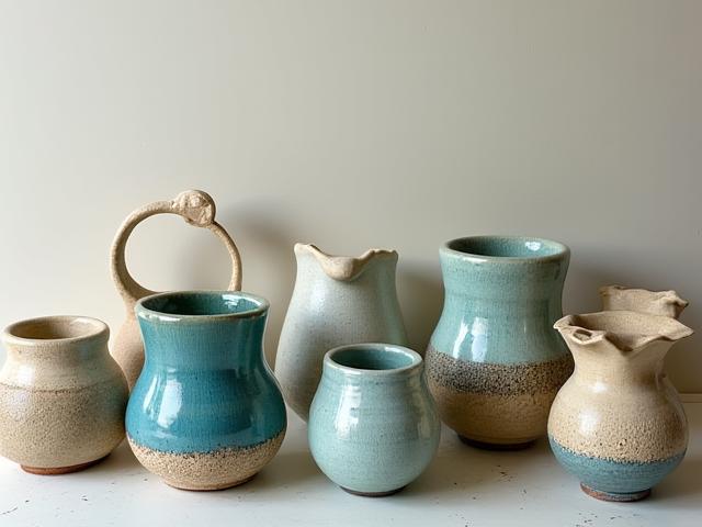 Pezzi unici di ceramica artigianale in diversi colori e forme.